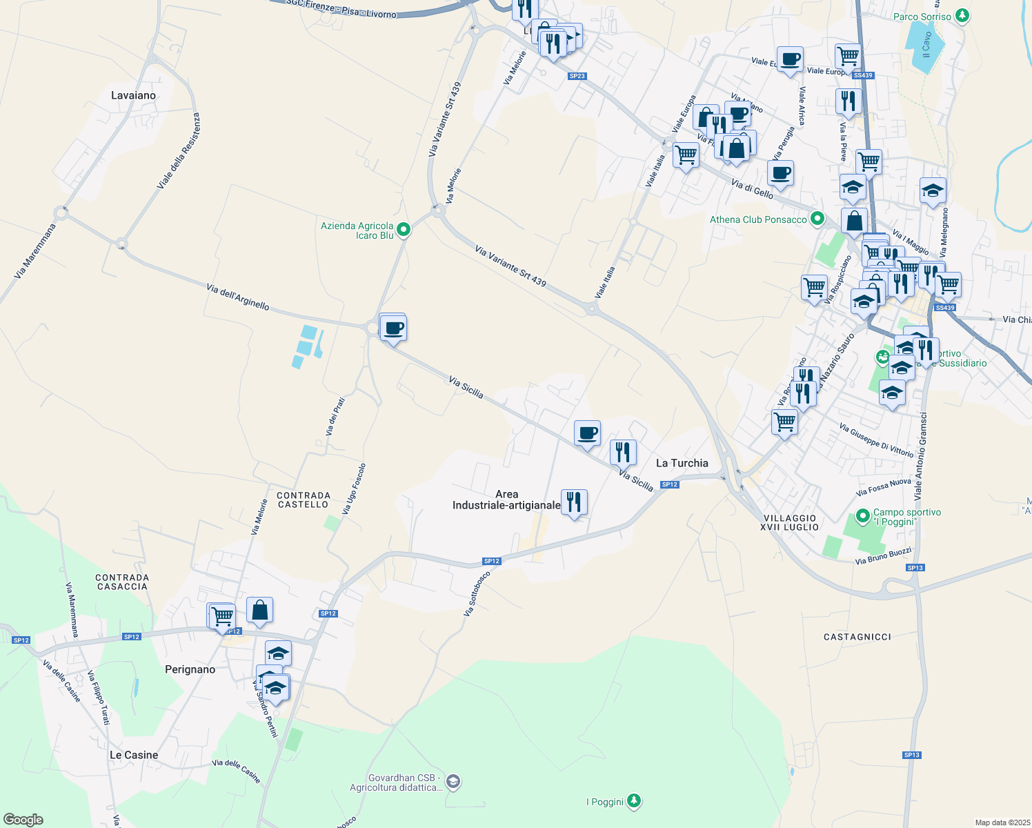 map of restaurants, bars, coffee shops, grocery stores, and more near Via Sicilia in Provincia di Pisa