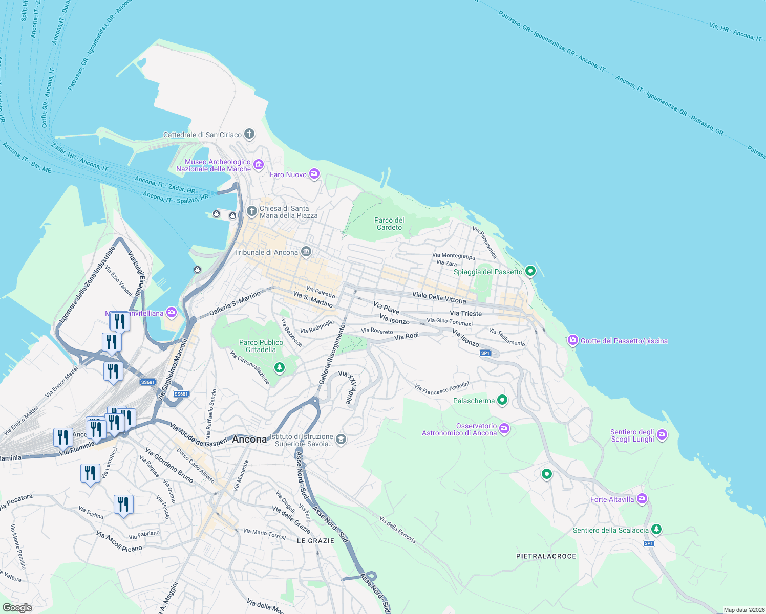 map of restaurants, bars, coffee shops, grocery stores, and more near 10 Via Trento in Ancona