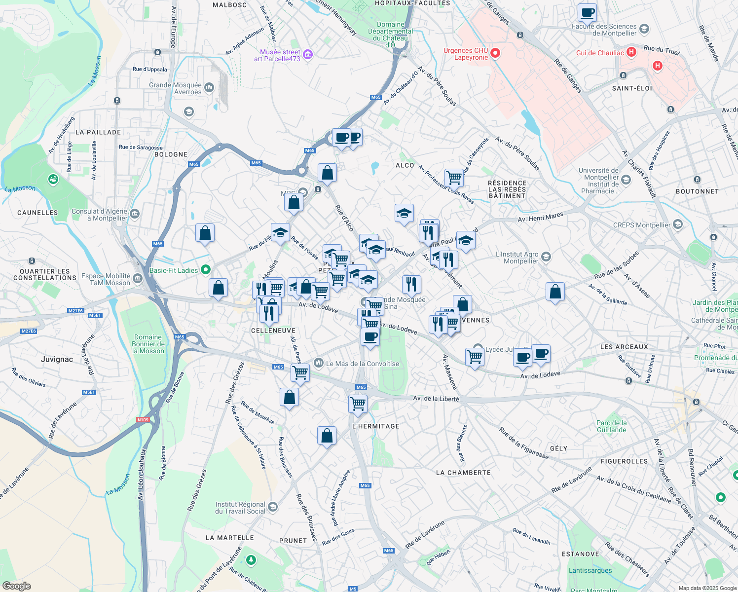 map of restaurants, bars, coffee shops, grocery stores, and more near 150 Avenue Paul Bringuier in Montpellier