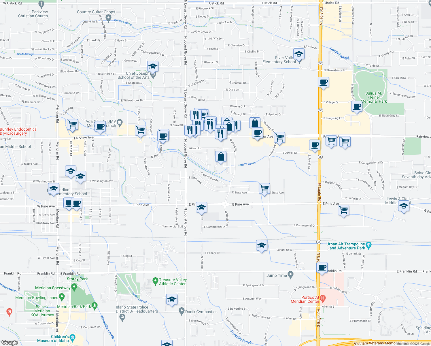 map of restaurants, bars, coffee shops, grocery stores, and more near 1983 Wilson Lane in Meridian