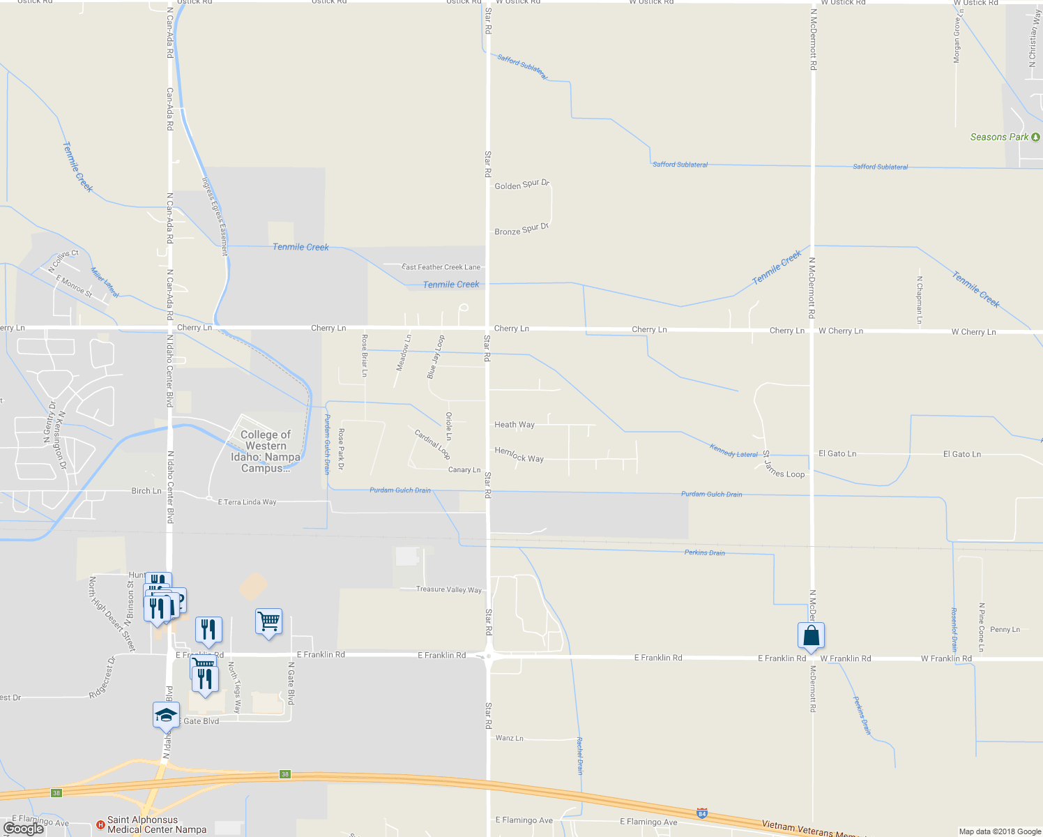 map of restaurants, bars, coffee shops, grocery stores, and more near 4858 Heath Way in Nampa