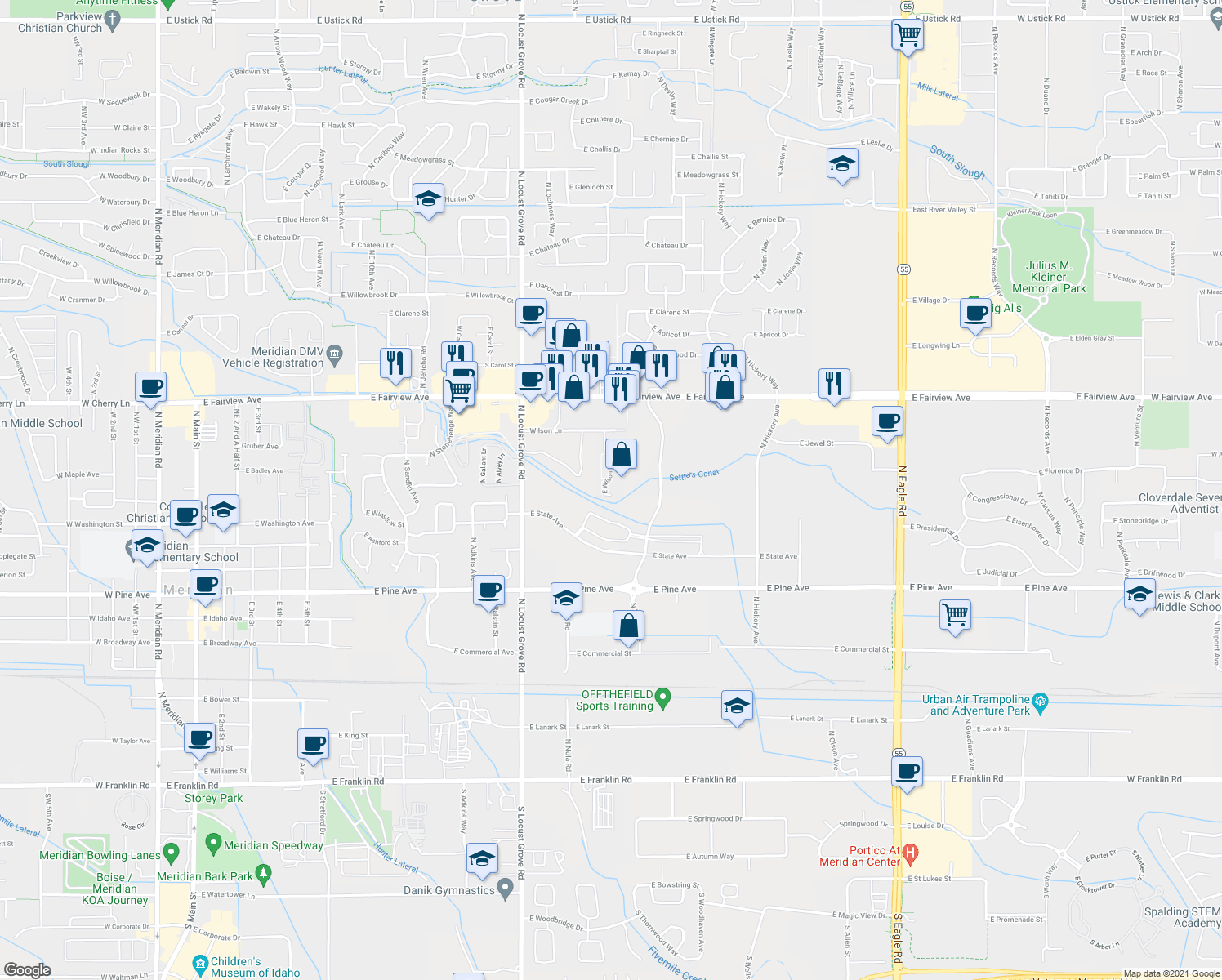 map of restaurants, bars, coffee shops, grocery stores, and more near 1983 Wilson Lane in Meridian