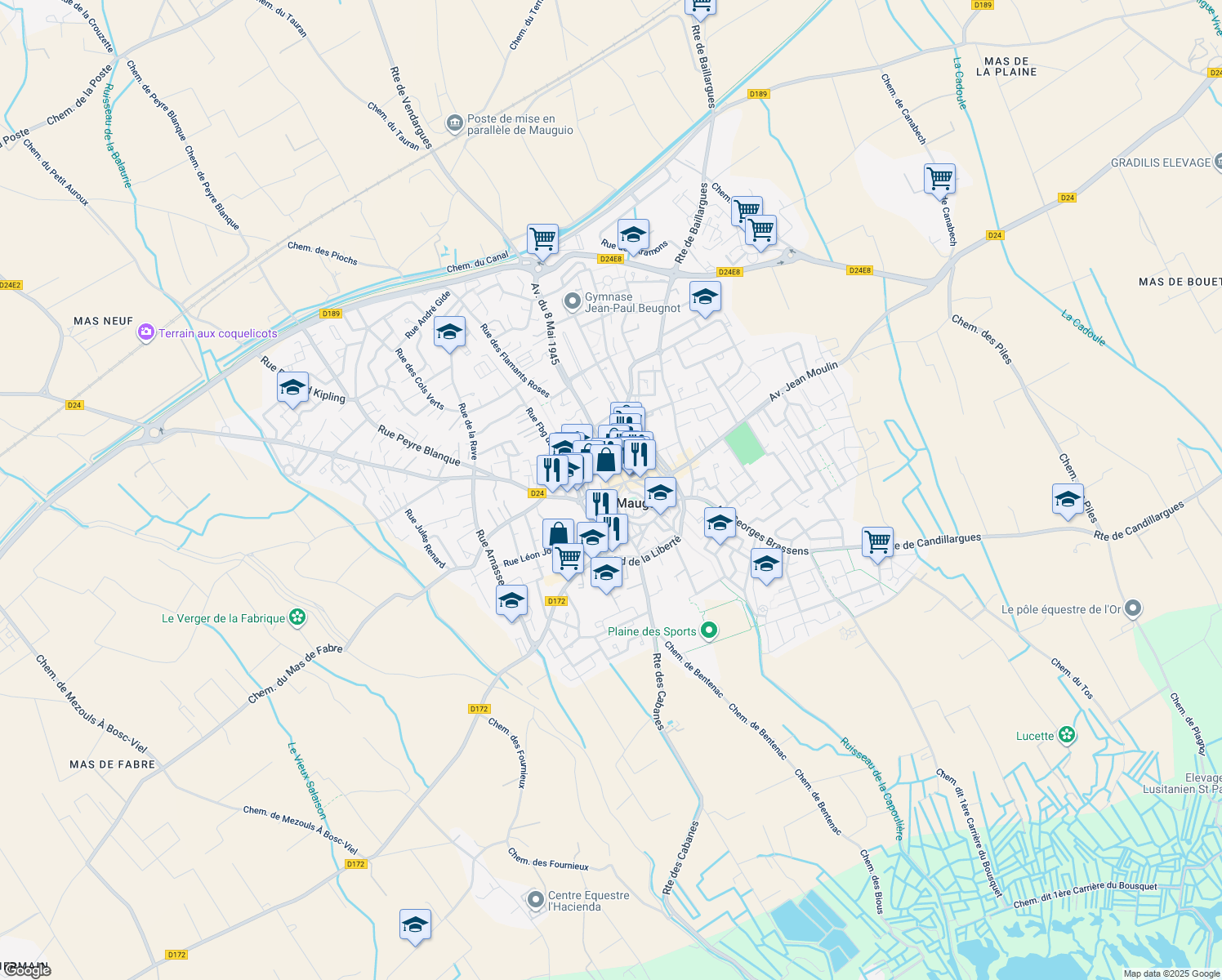 map of restaurants, bars, coffee shops, grocery stores, and more near 90 Grande Rue François Mitterrand in Mauguio