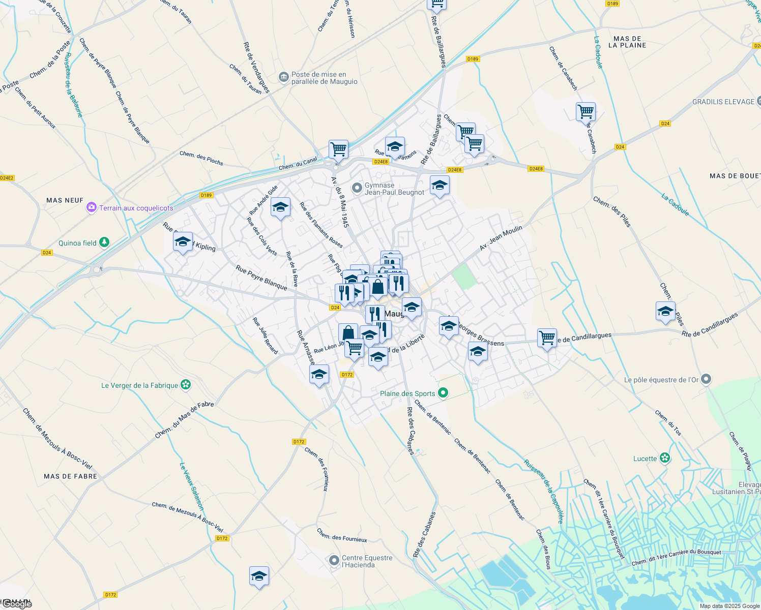 map of restaurants, bars, coffee shops, grocery stores, and more near 90 Grande Rue François Mitterrand in Mauguio