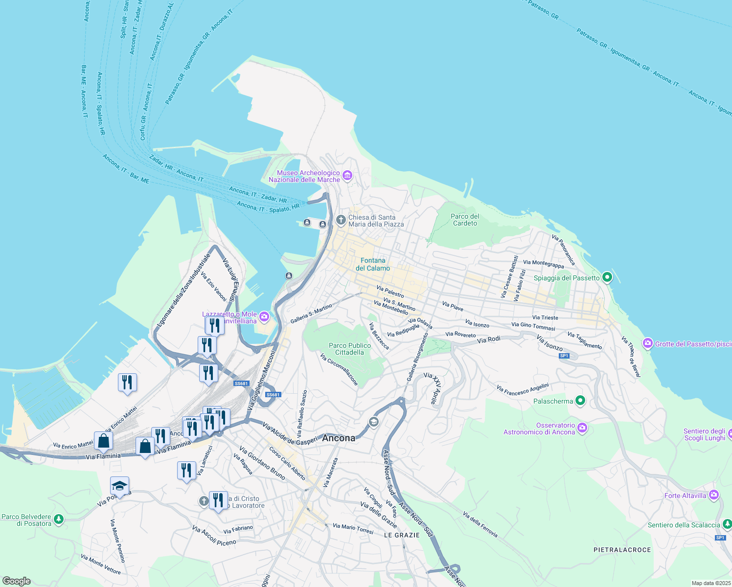 map of restaurants, bars, coffee shops, grocery stores, and more near 9 Via San Martino in Ancona