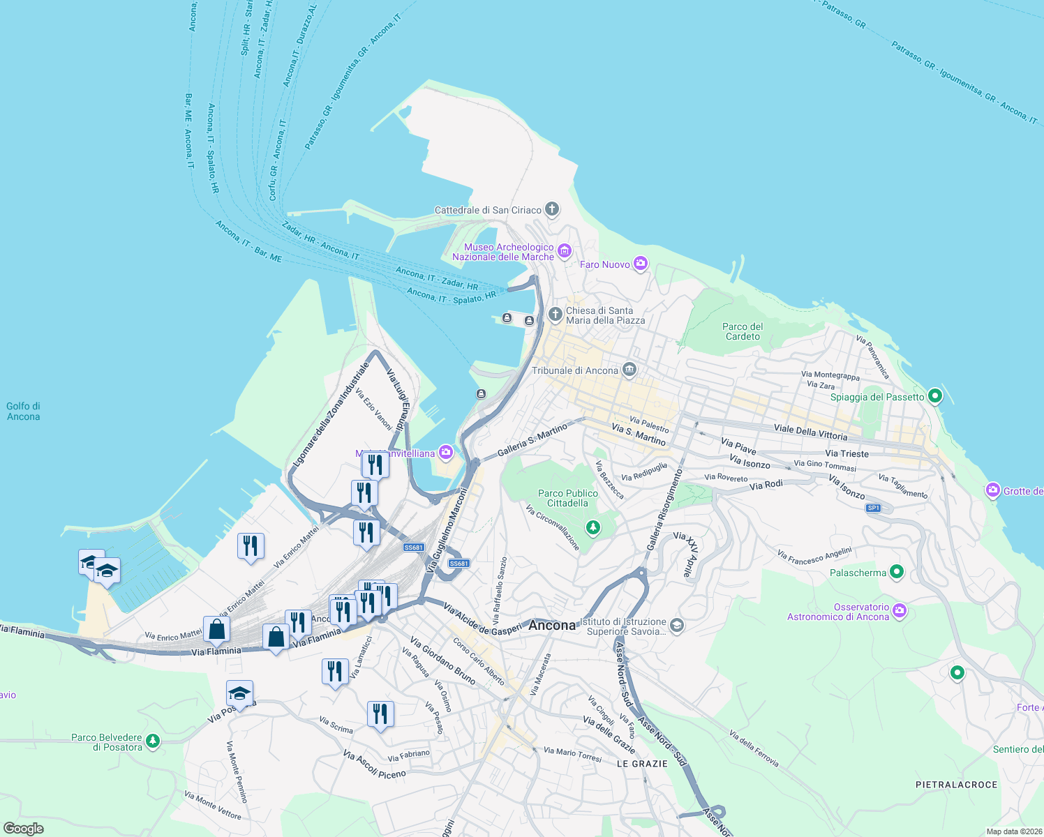map of restaurants, bars, coffee shops, grocery stores, and more near Vicolo Malacari in Ancona
