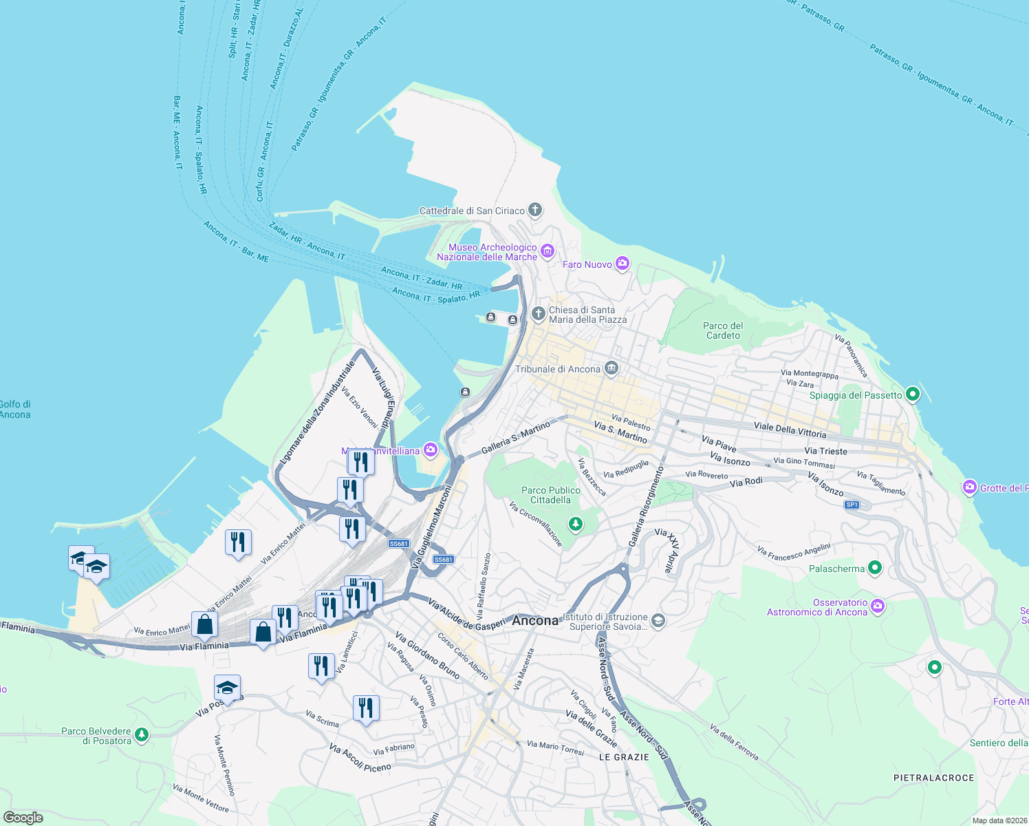 map of restaurants, bars, coffee shops, grocery stores, and more near Vicolo Malacari in Ancona