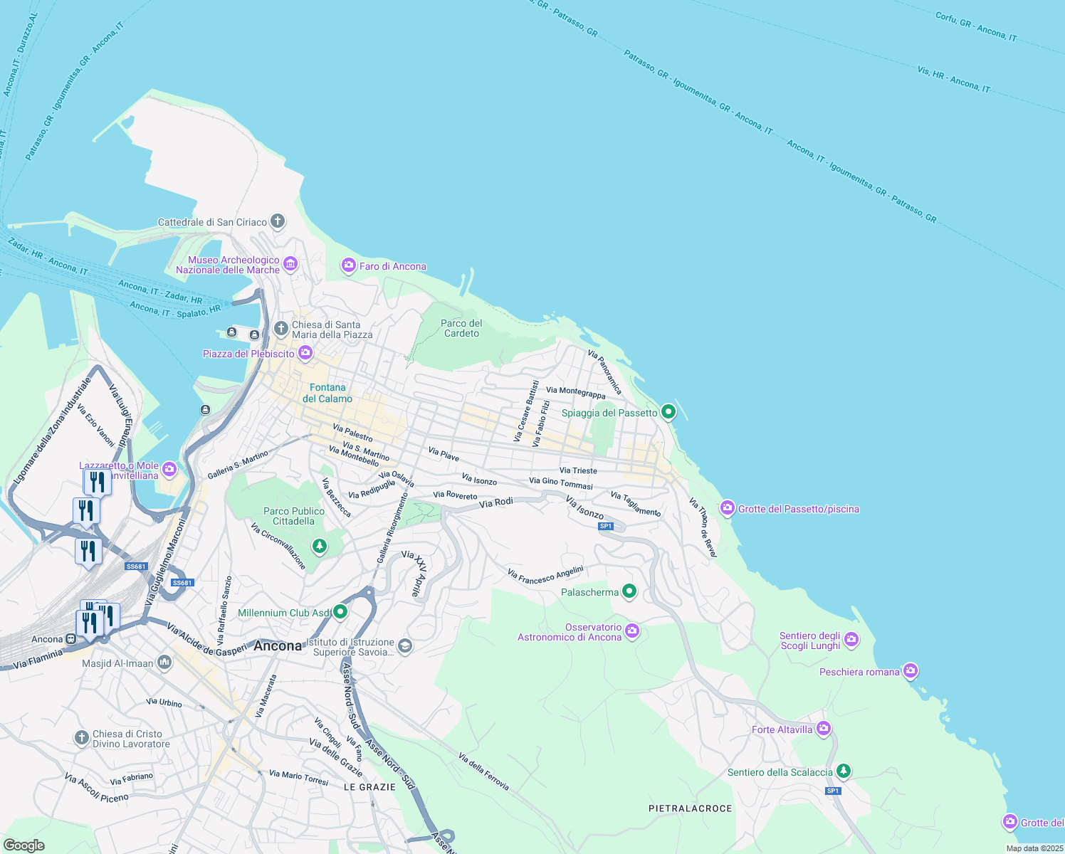 map of restaurants, bars, coffee shops, grocery stores, and more near 25 Via Carlo Maratta in Ancona