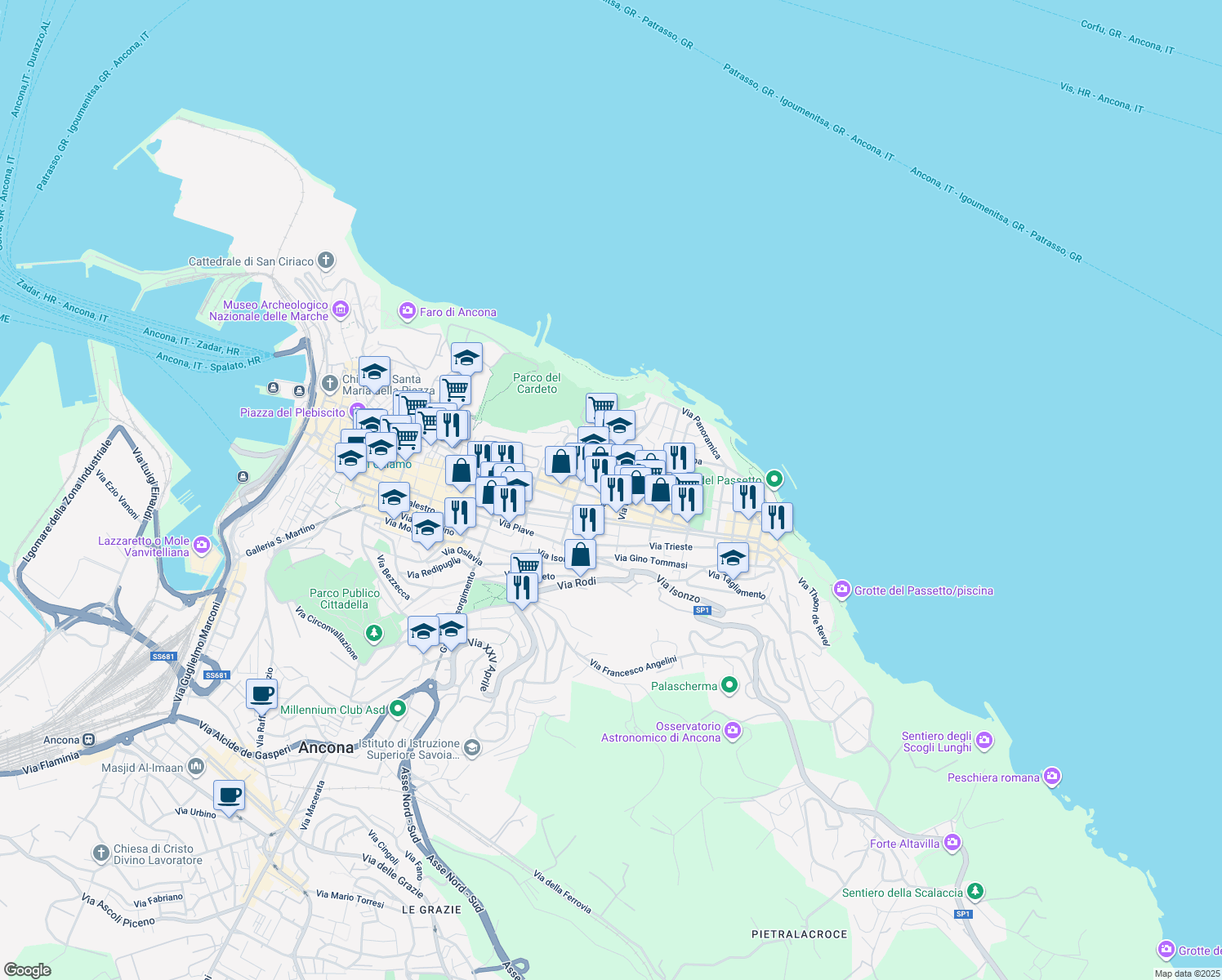 map of restaurants, bars, coffee shops, grocery stores, and more near 25 Via Carlo Maratta in Ancona