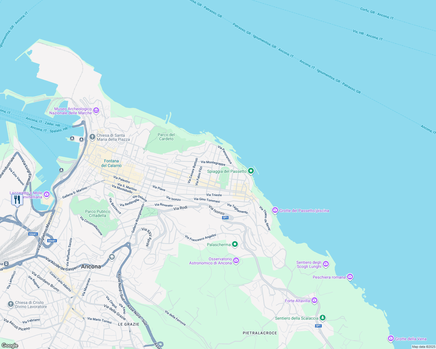 map of restaurants, bars, coffee shops, grocery stores, and more near 17 Via Gorizia in Ancona