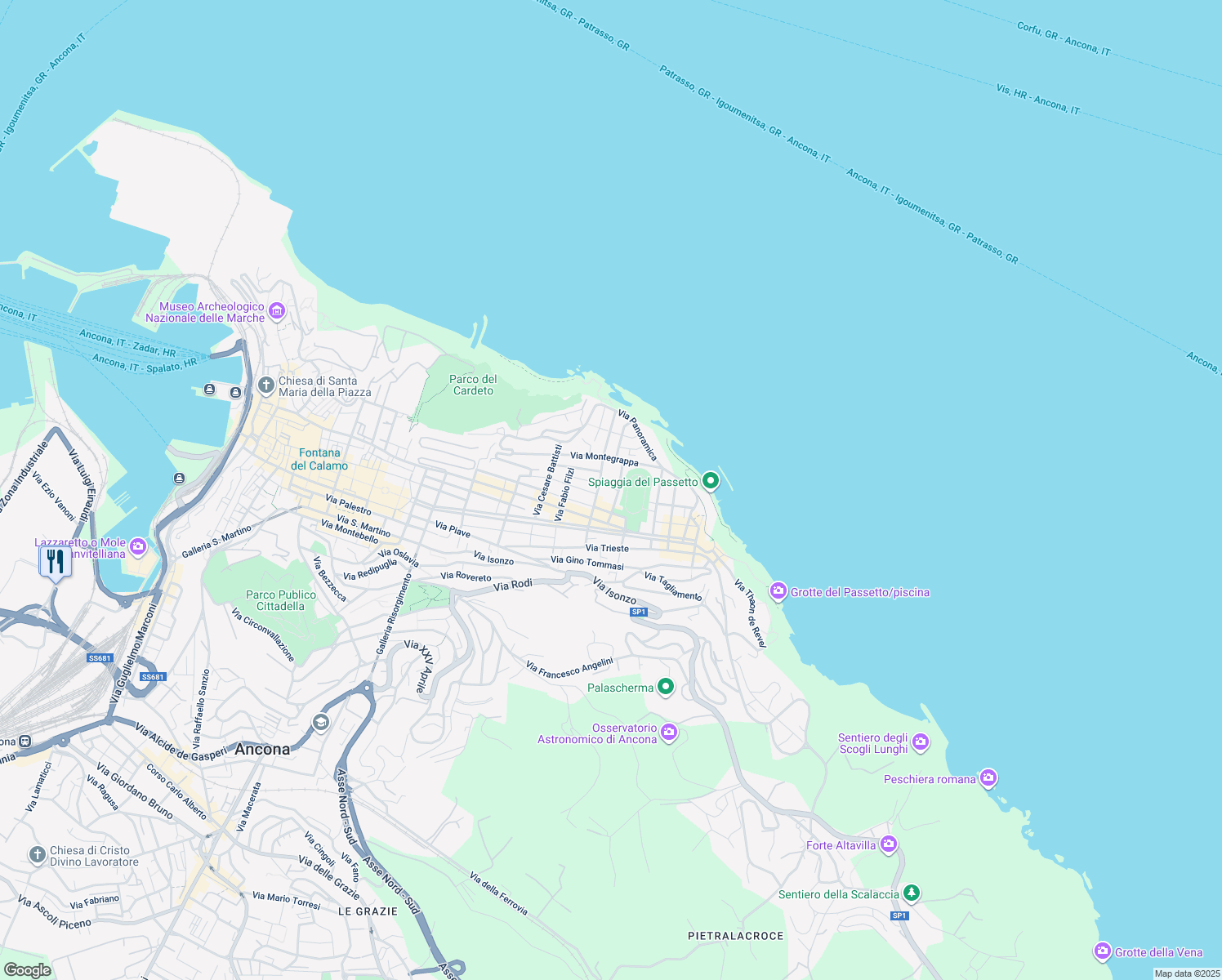 map of restaurants, bars, coffee shops, grocery stores, and more near 17 Via Gorizia in Ancona
