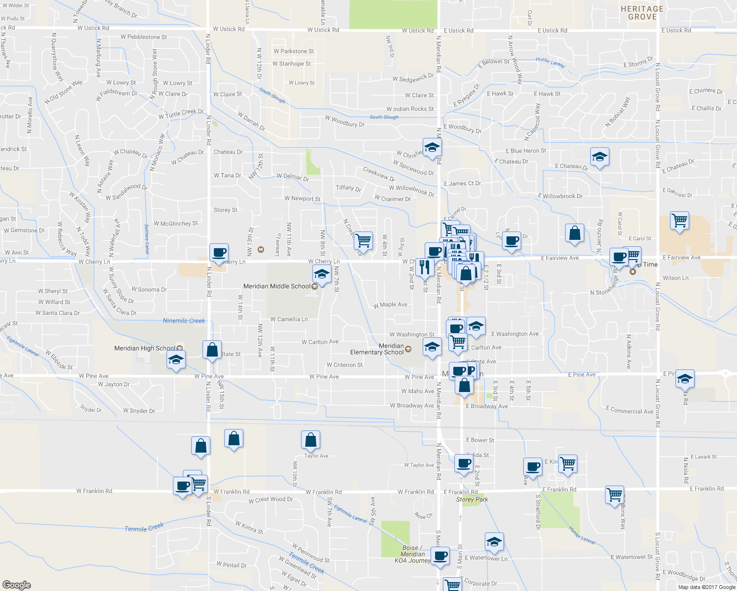 map of restaurants, bars, coffee shops, grocery stores, and more near 1360 North Crestmont Drive in Meridian