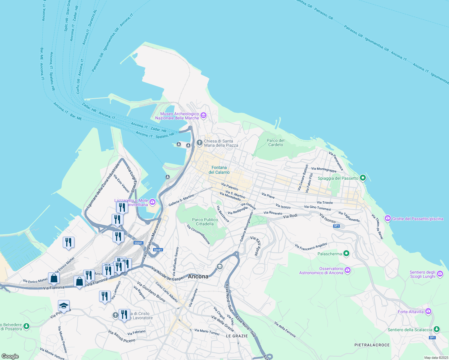 map of restaurants, bars, coffee shops, grocery stores, and more near 60 Corso Stamira in Ancona