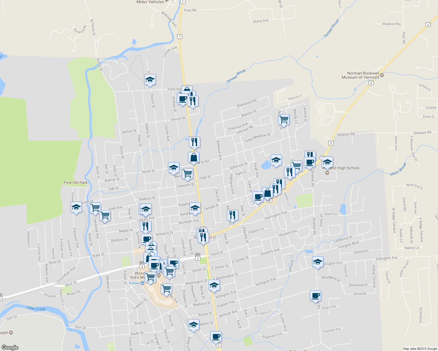 map of restaurants, bars, coffee shops, grocery stores, and more near 34 High Street in Rutland