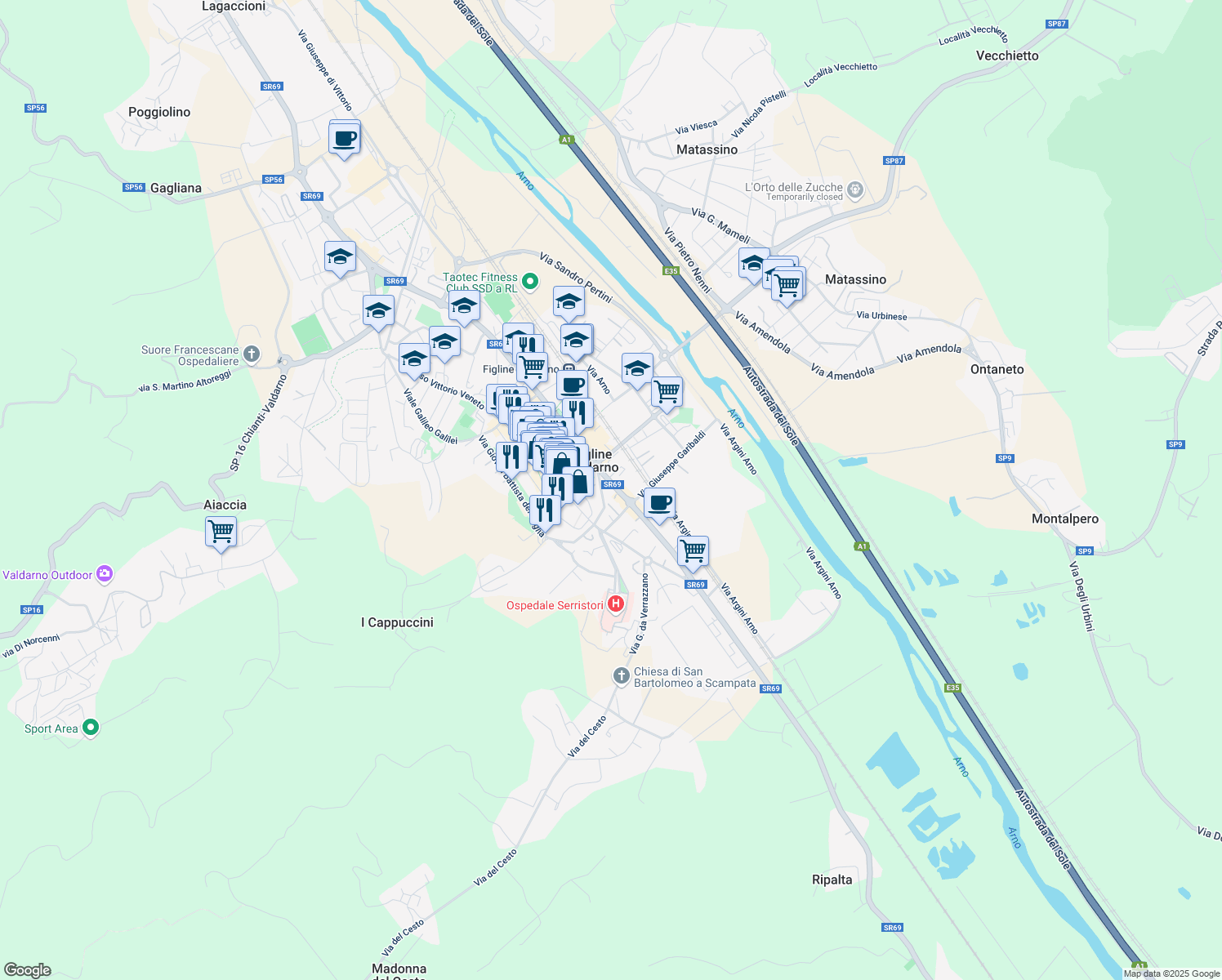 map of restaurants, bars, coffee shops, grocery stores, and more near 14 Via Francesco Petrarca in Figline Valdarno
