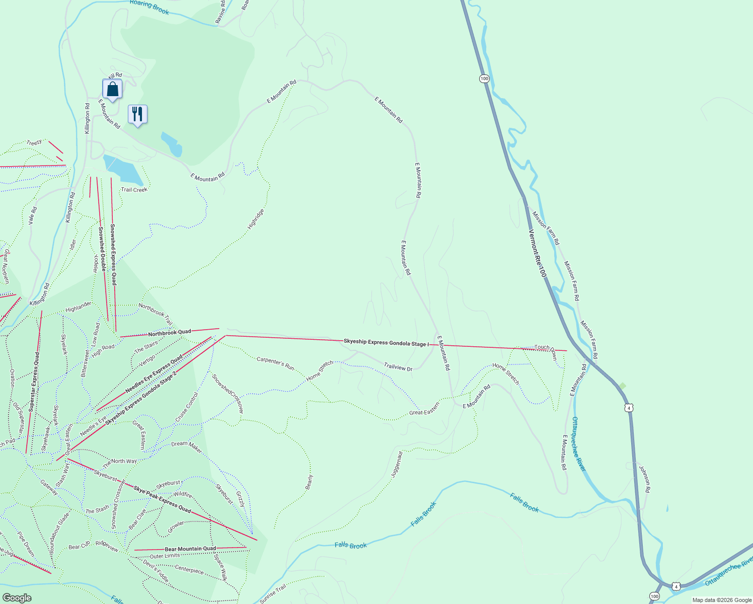 map of restaurants, bars, coffee shops, grocery stores, and more near 211 Roundabout Road in Killington