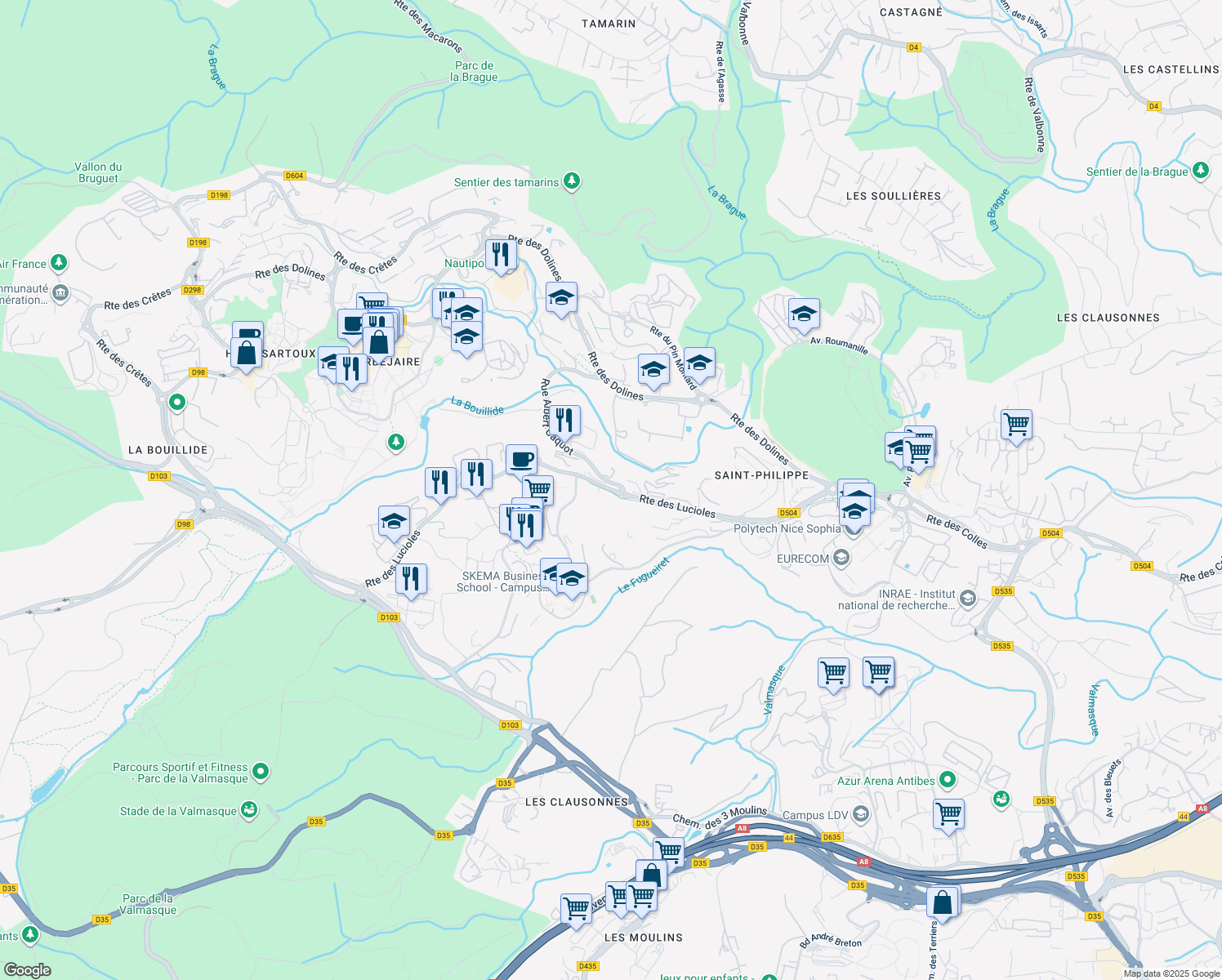 map of restaurants, bars, coffee shops, grocery stores, and more near Route des Lucioles in Biot