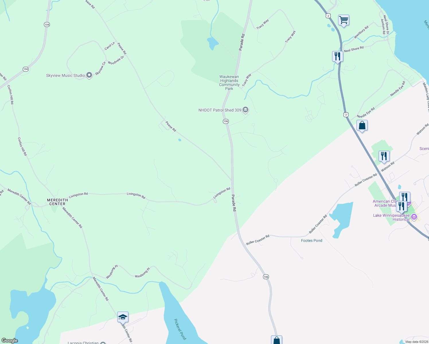 map of restaurants, bars, coffee shops, grocery stores, and more near 207 Pease Road in Meredith