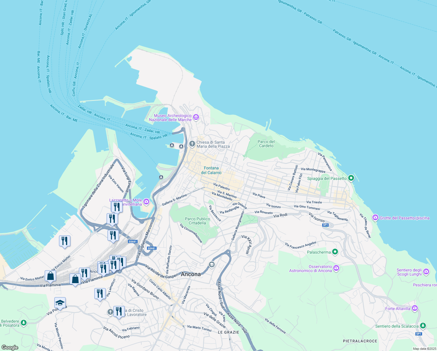 map of restaurants, bars, coffee shops, grocery stores, and more near 58-60 Corso Stamira in Ancona