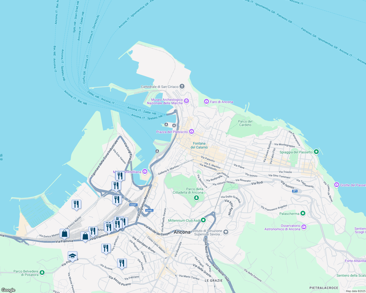 map of restaurants, bars, coffee shops, grocery stores, and more near 14 Corso Stamira in Ancona