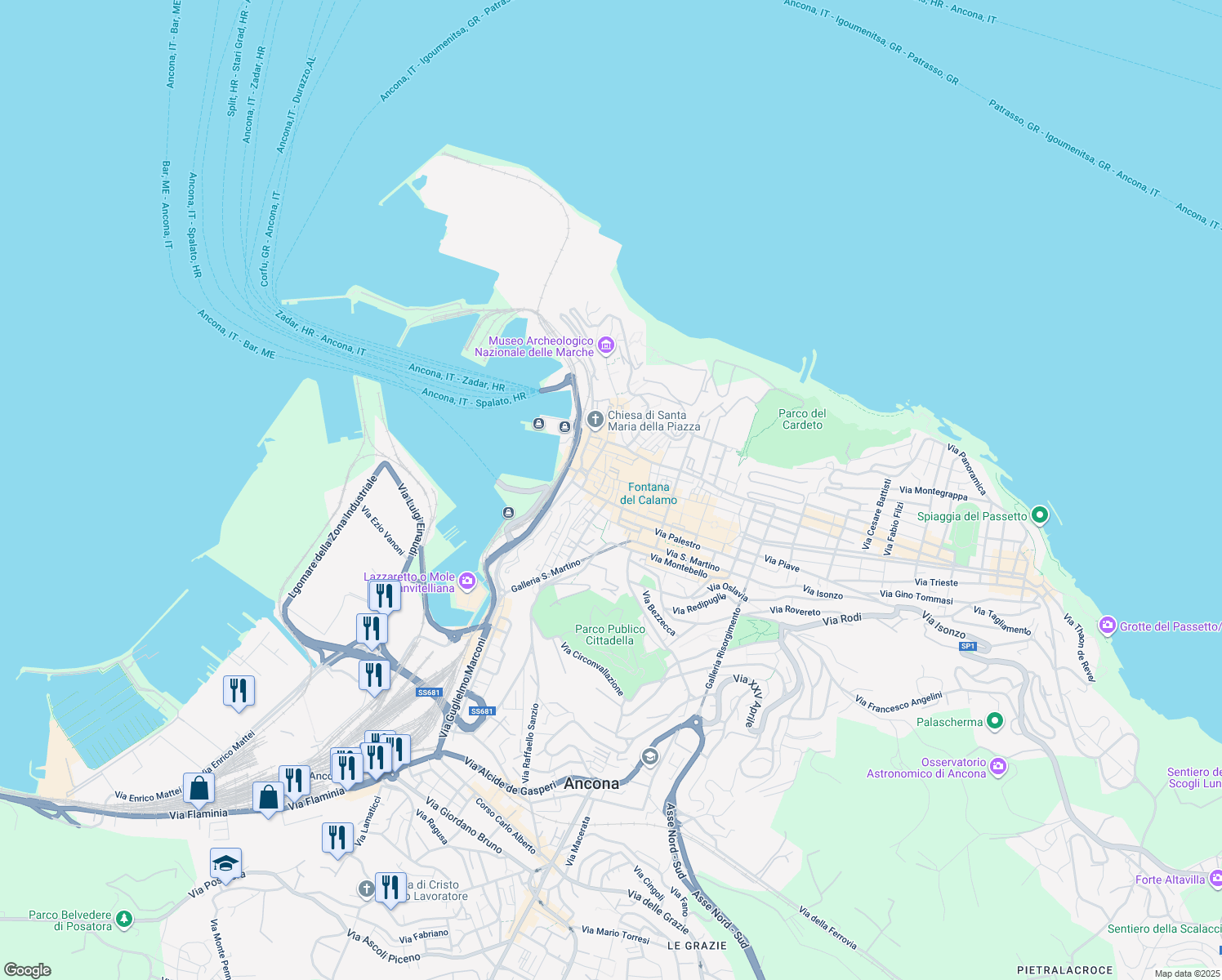 map of restaurants, bars, coffee shops, grocery stores, and more near 20 Corso Giuseppe Garibaldi in Ancona