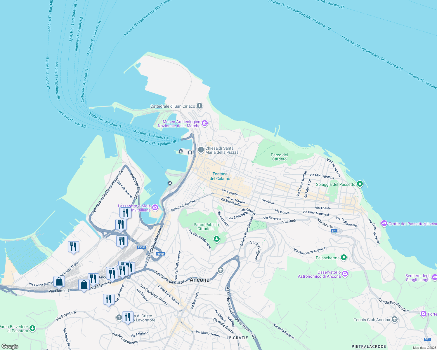map of restaurants, bars, coffee shops, grocery stores, and more near 86 Corso Giuseppe Garibaldi in Ancona
