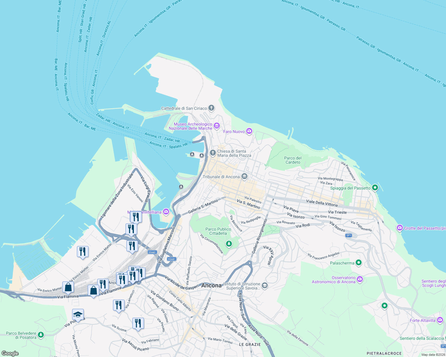 map of restaurants, bars, coffee shops, grocery stores, and more near 5 Via della Pescheria in Ancona