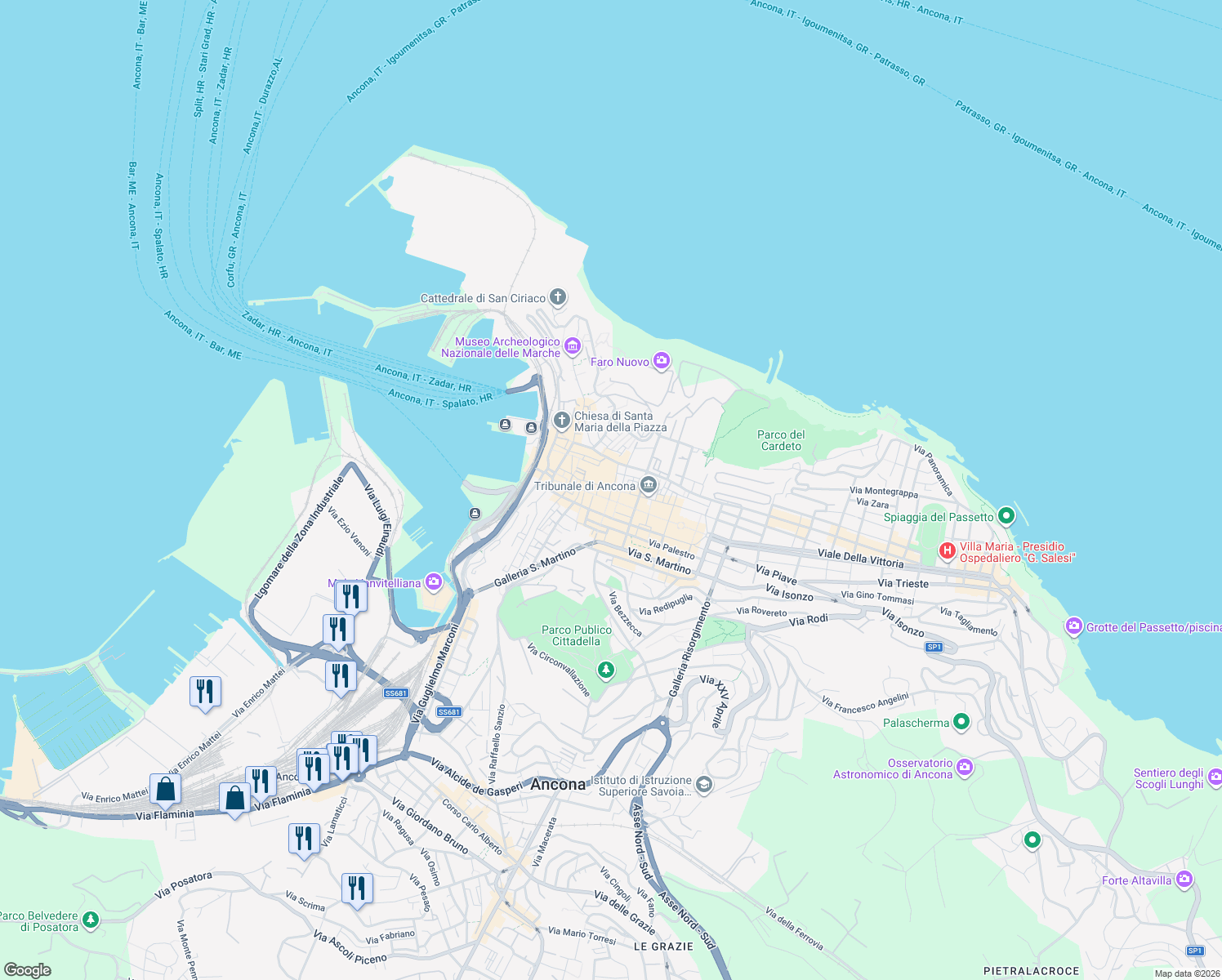 map of restaurants, bars, coffee shops, grocery stores, and more near 86 Corso Giuseppe Garibaldi in Ancona