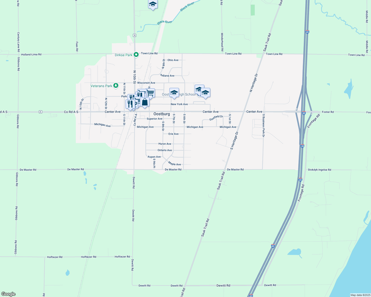 map of restaurants, bars, coffee shops, grocery stores, and more near 542 Ontario Avenue in Oostburg