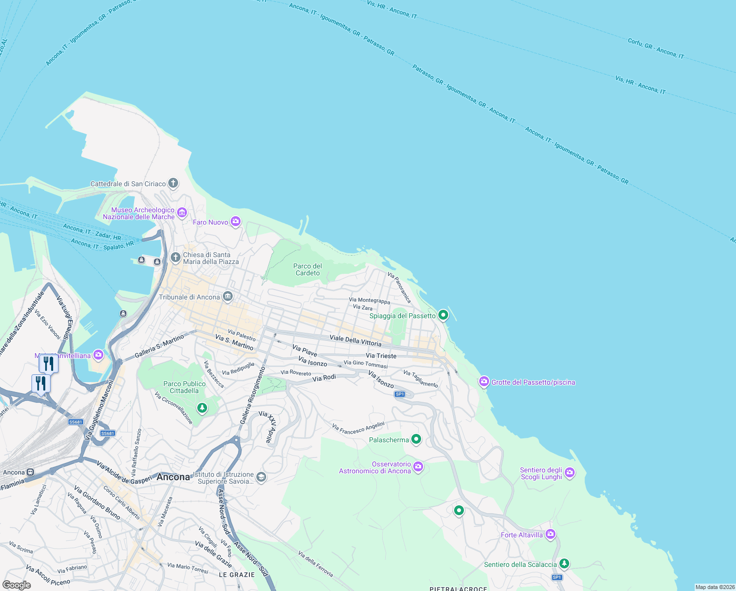 map of restaurants, bars, coffee shops, grocery stores, and more near 22 Via Montegrappa in Ancona