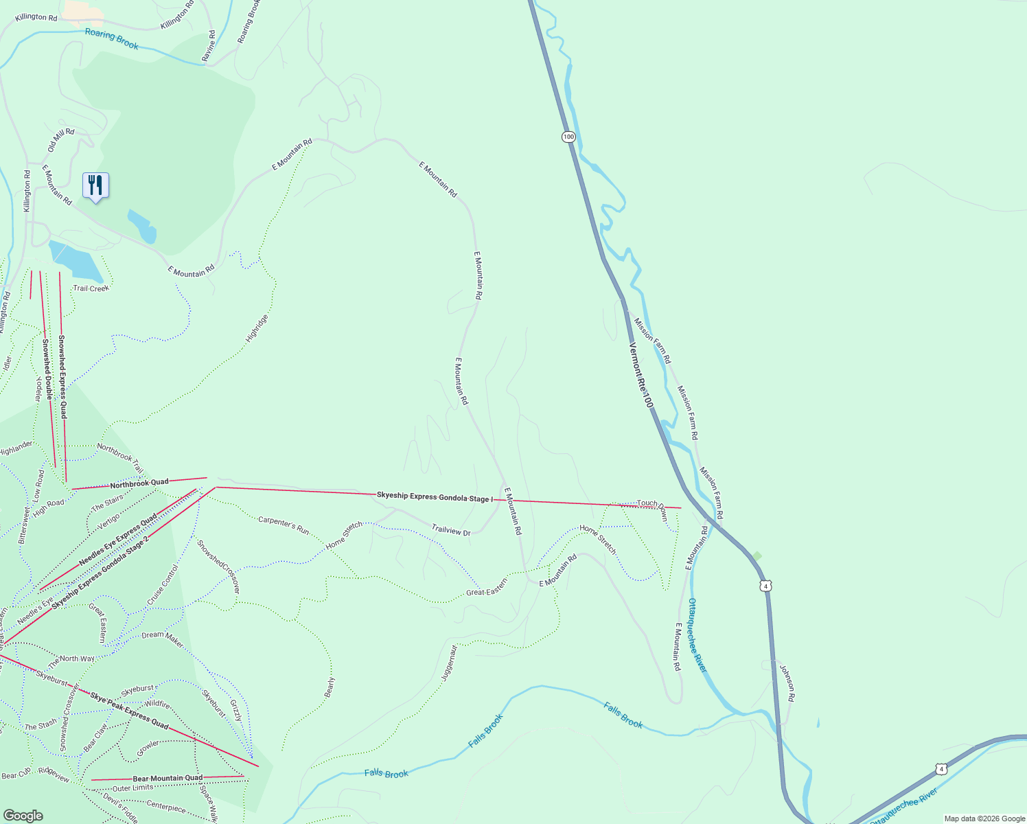 map of restaurants, bars, coffee shops, grocery stores, and more near 495 Rim Road in Killington