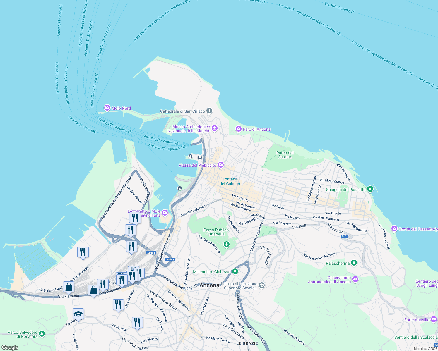 map of restaurants, bars, coffee shops, grocery stores, and more near 5 Via della Pescheria in Numana