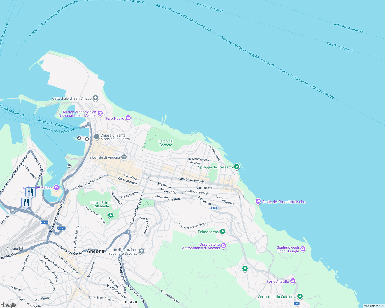 map of restaurants, bars, coffee shops, grocery stores, and more near 22 Via Montegrappa in Ancona