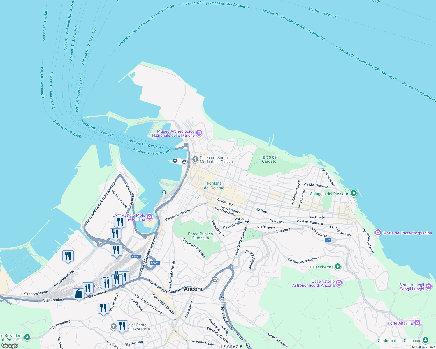 map of restaurants, bars, coffee shops, grocery stores, and more near 2 Via delle Cavorchie in Ancona
