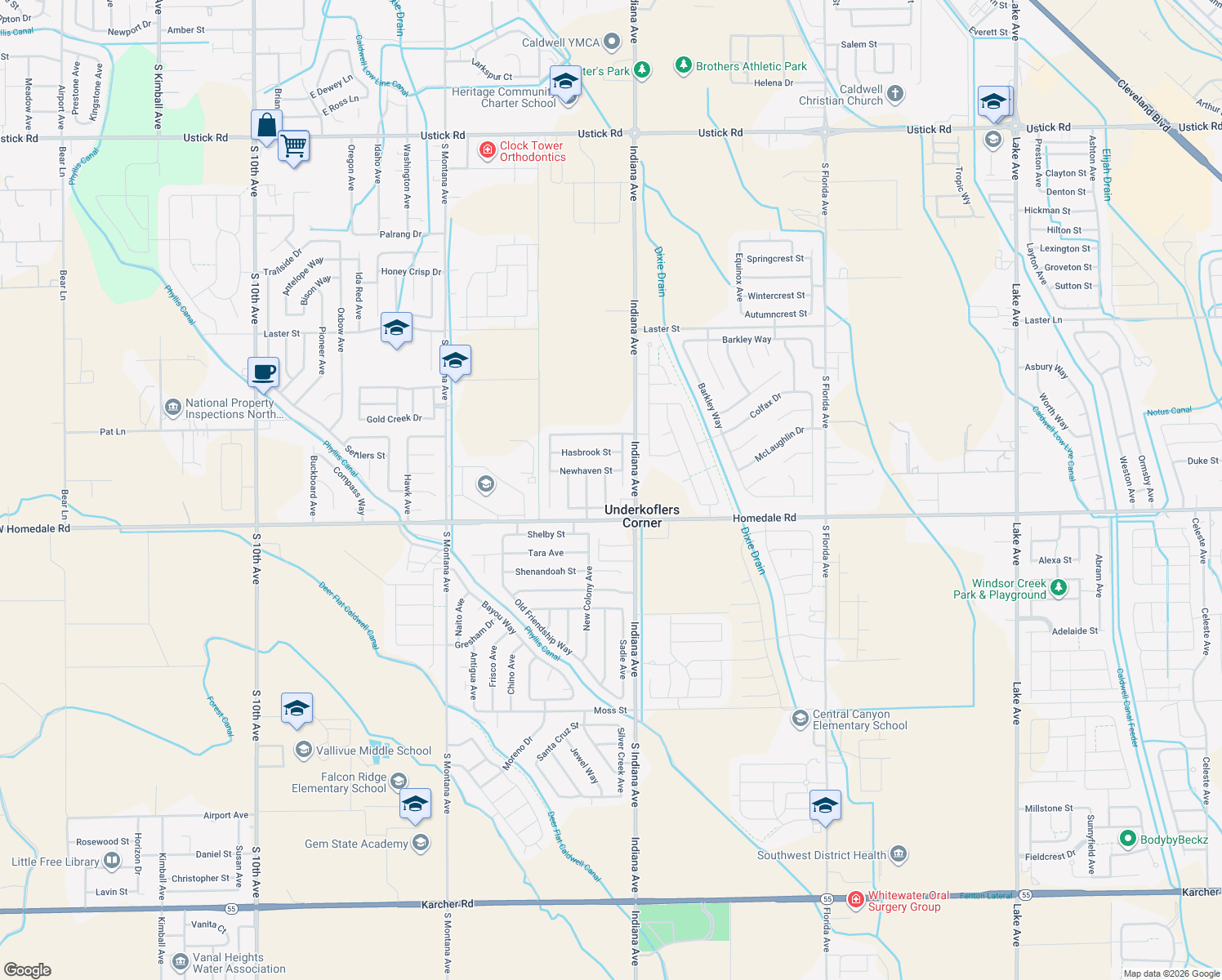map of restaurants, bars, coffee shops, grocery stores, and more near 5413 Crimson Ave in Caldwell