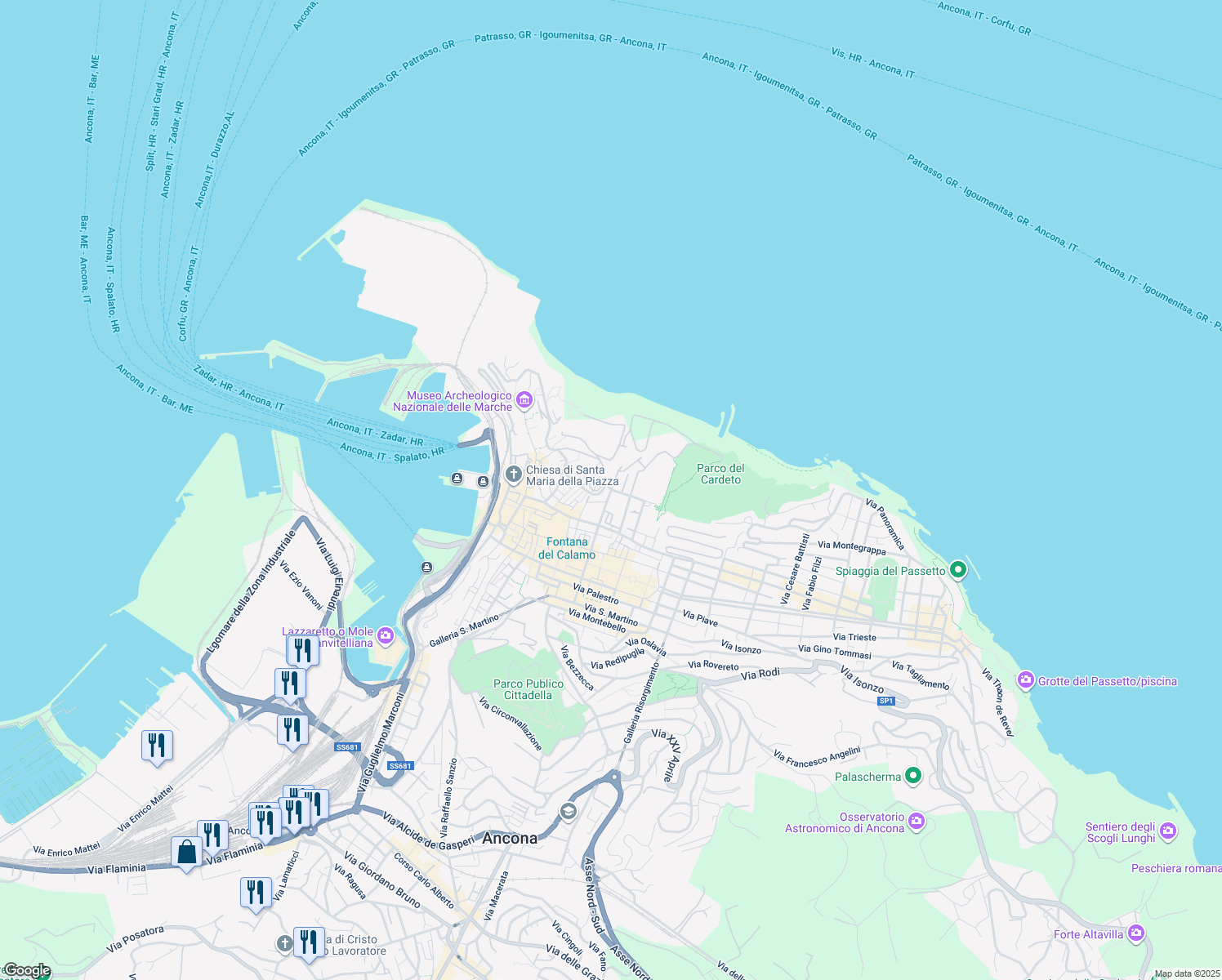 map of restaurants, bars, coffee shops, grocery stores, and more near 2 Via delle Cavorchie in Ancona