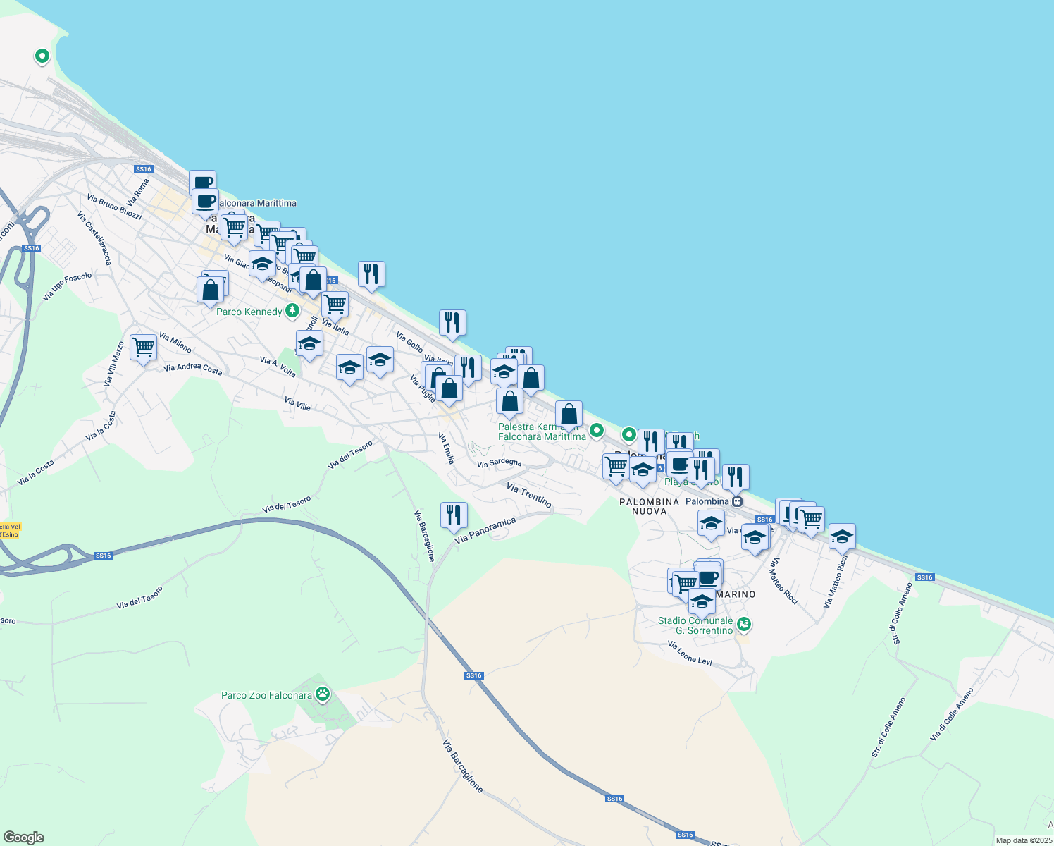 map of restaurants, bars, coffee shops, grocery stores, and more near 16 Via Piemonte in Falconara Marittima