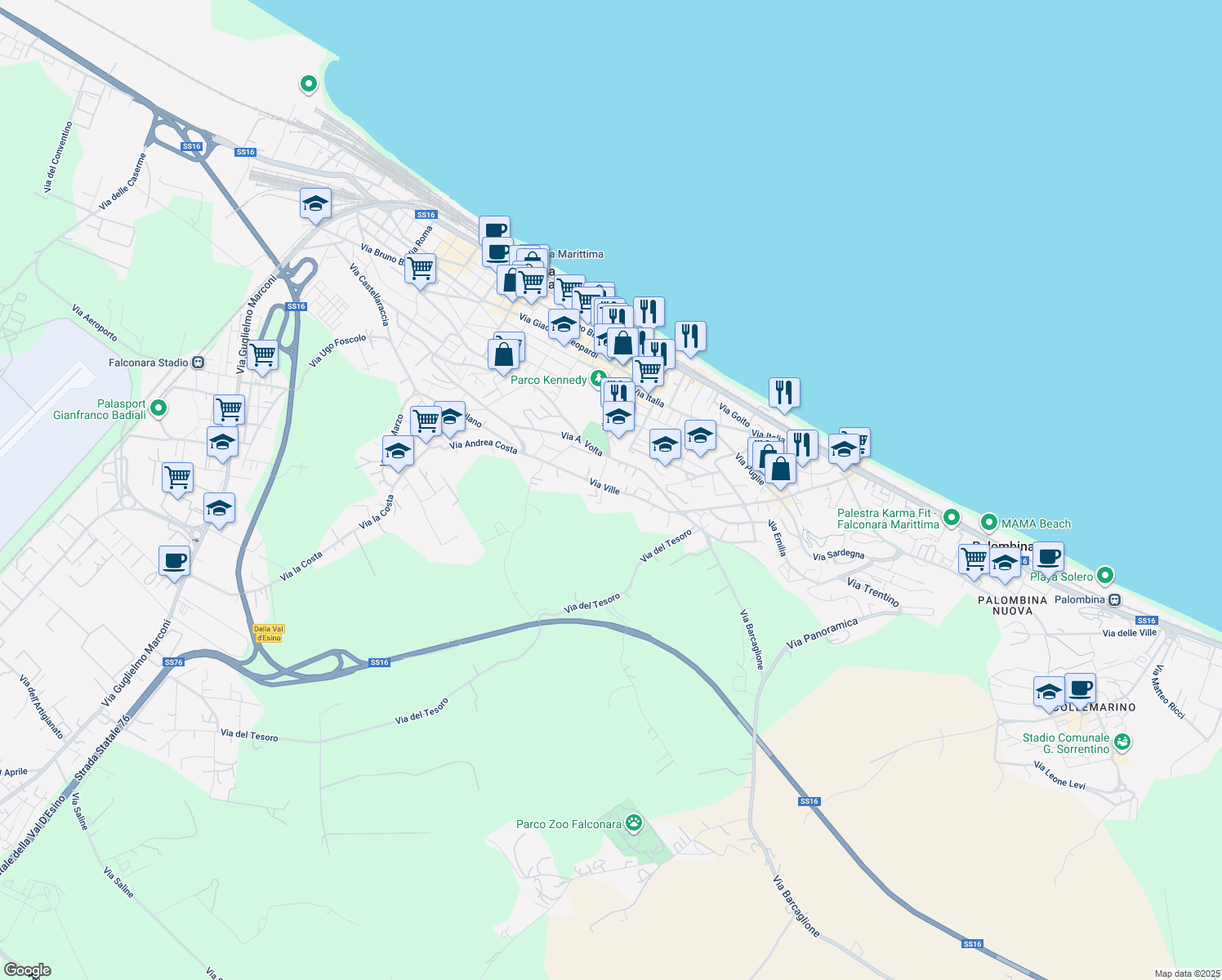 map of restaurants, bars, coffee shops, grocery stores, and more near 13C Via Ville in Falconara Marittima