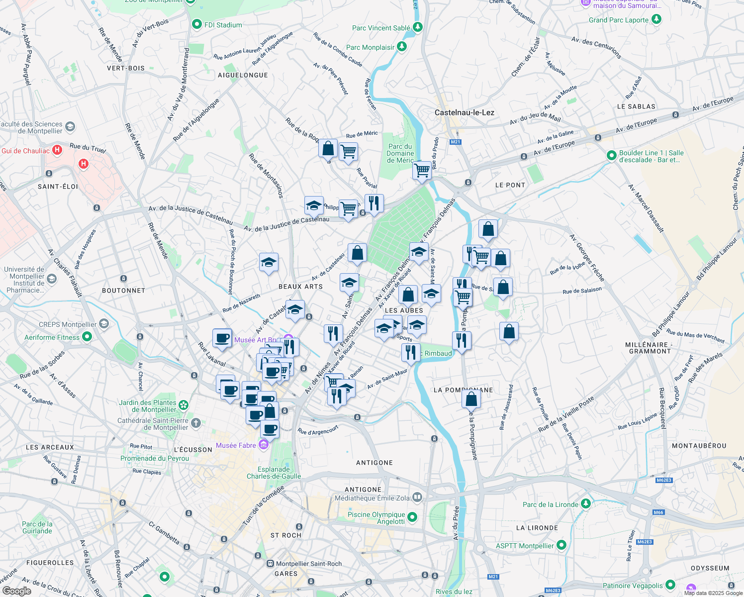 map of restaurants, bars, coffee shops, grocery stores, and more near 150 Cour Jacques Thibaud in Montpellier