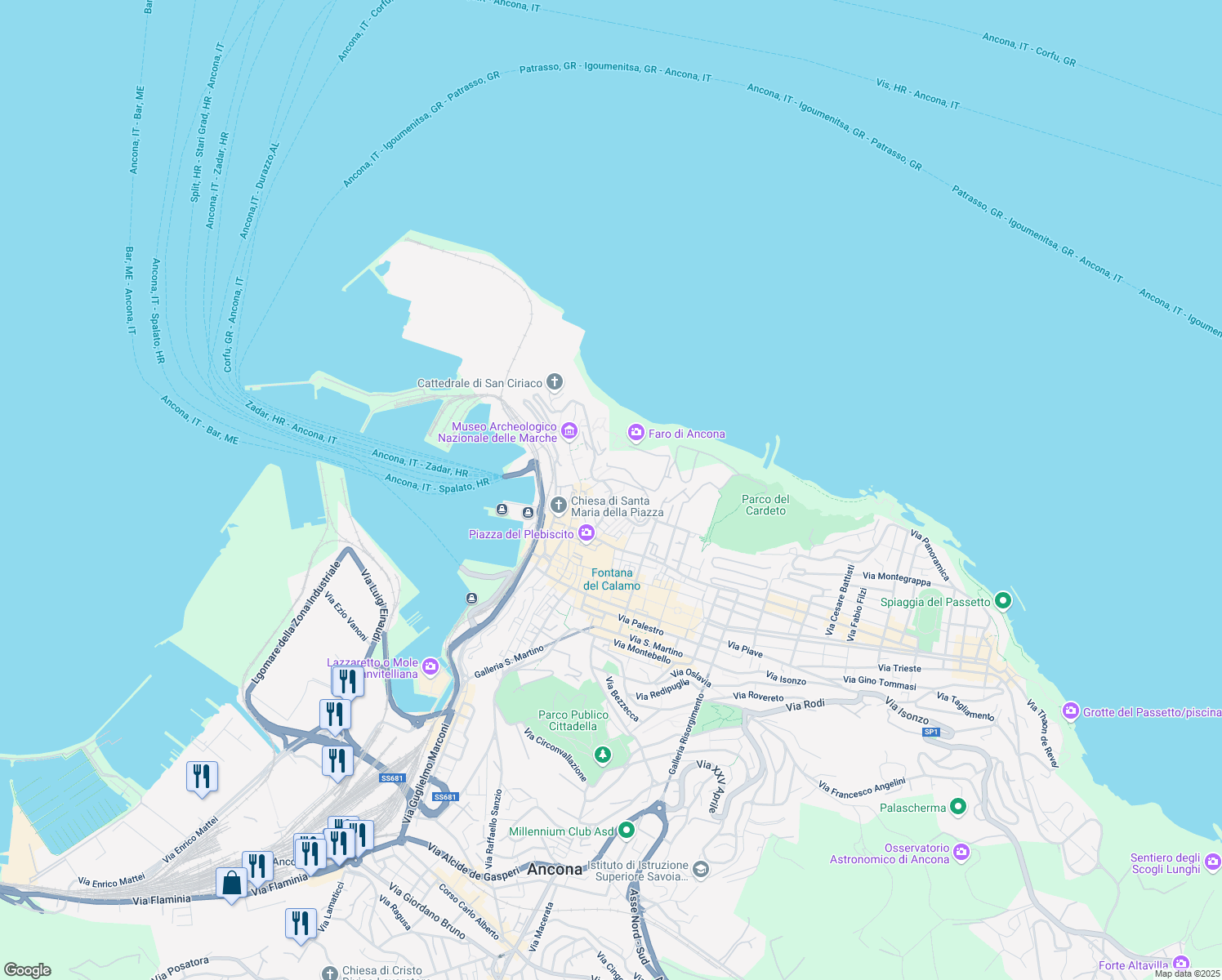 map of restaurants, bars, coffee shops, grocery stores, and more near 1 Vicolo del Solitario in Ancona