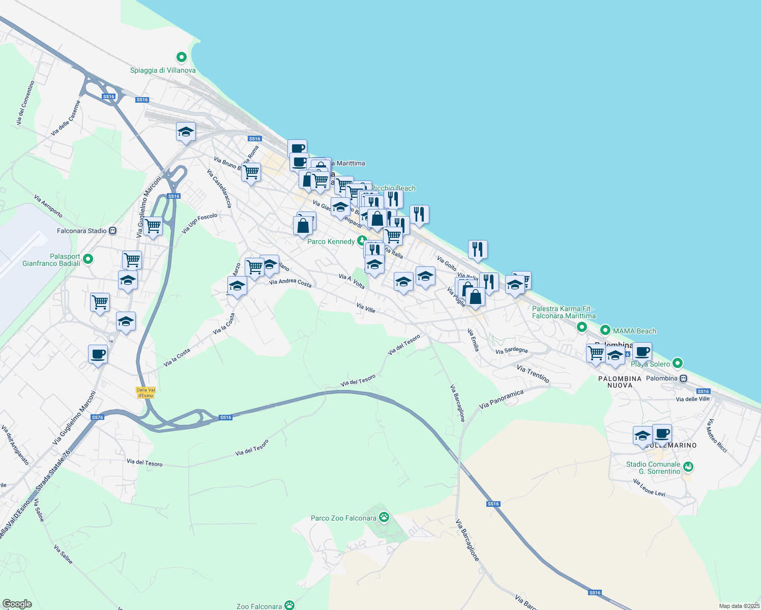 map of restaurants, bars, coffee shops, grocery stores, and more near 13C Via Ville in Falconara Marittima
