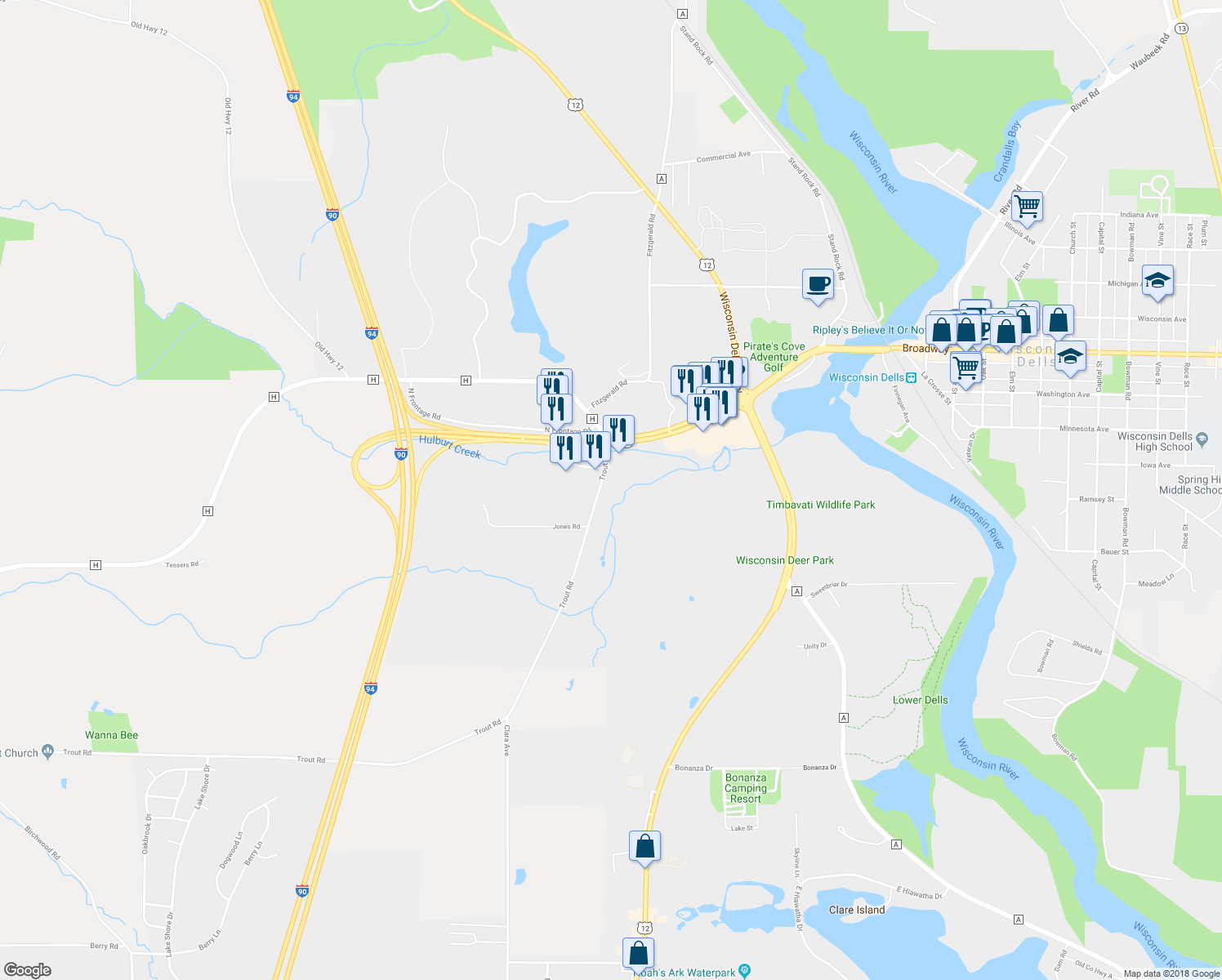 map of restaurants, bars, coffee shops, grocery stores, and more near 550 State Highway 13 in Wisconsin Dells