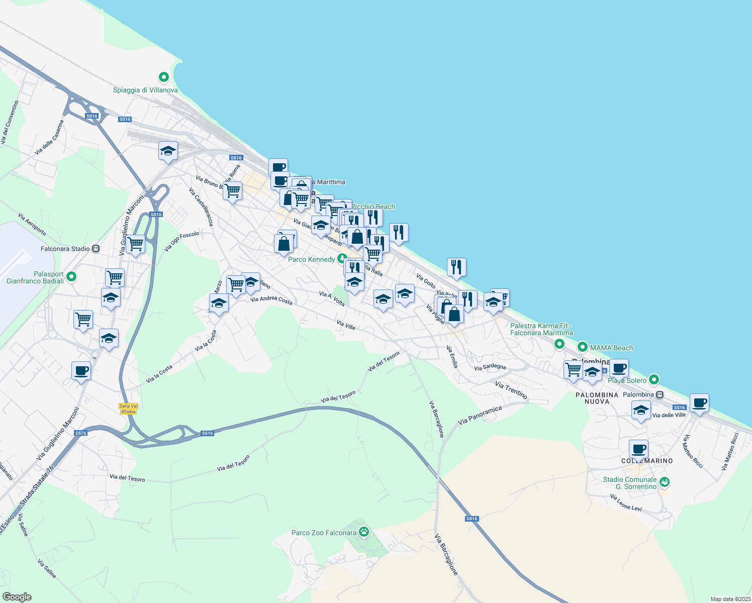 map of restaurants, bars, coffee shops, grocery stores, and more near 16 Via Volturno in Falconara Marittima