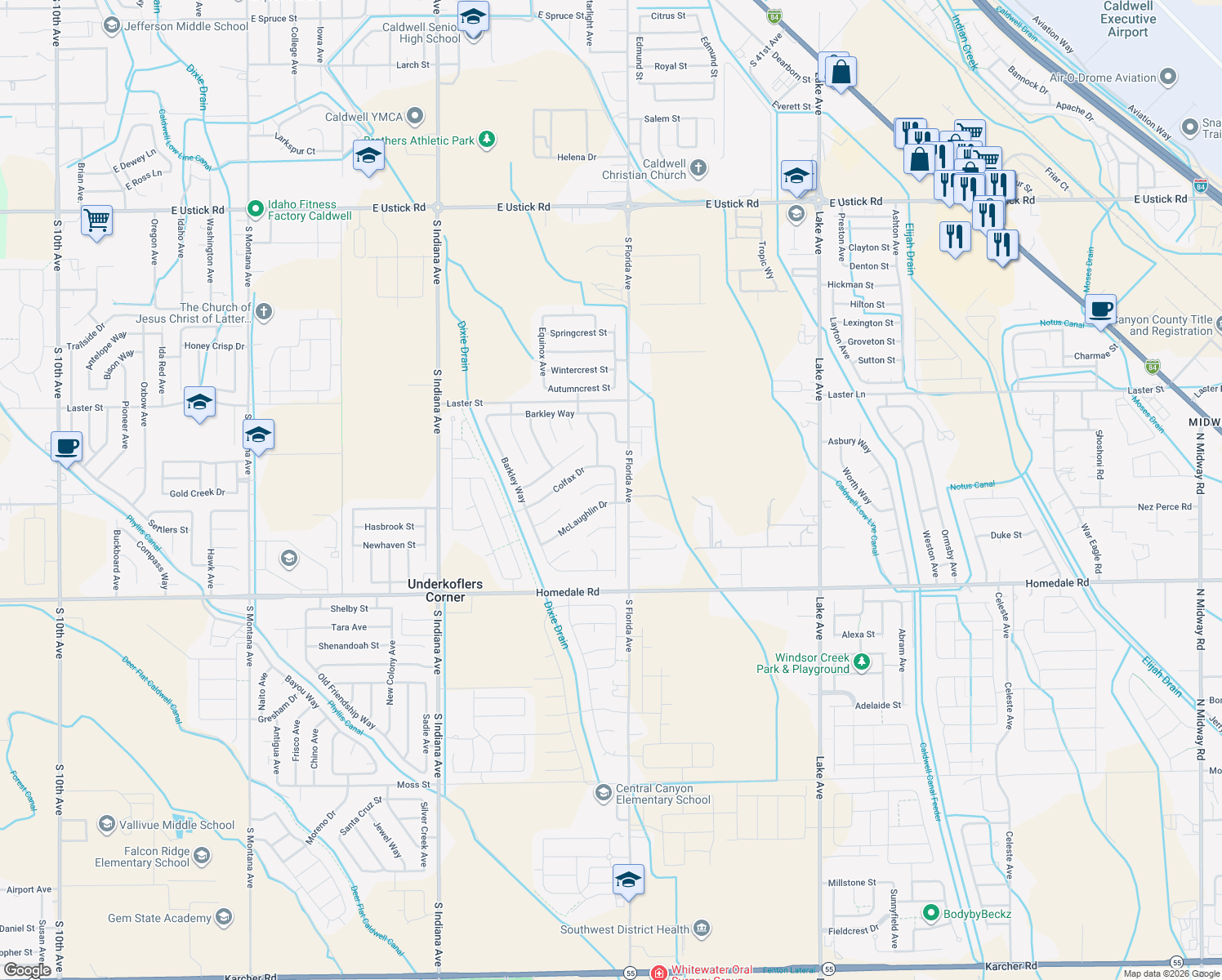 map of restaurants, bars, coffee shops, grocery stores, and more near 2806 Stoll Court in Caldwell