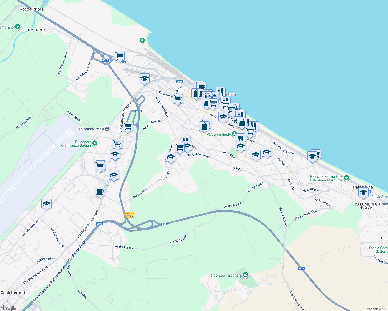 map of restaurants, bars, coffee shops, grocery stores, and more near 24 Via Andrea Costa in Falconara Marittima
