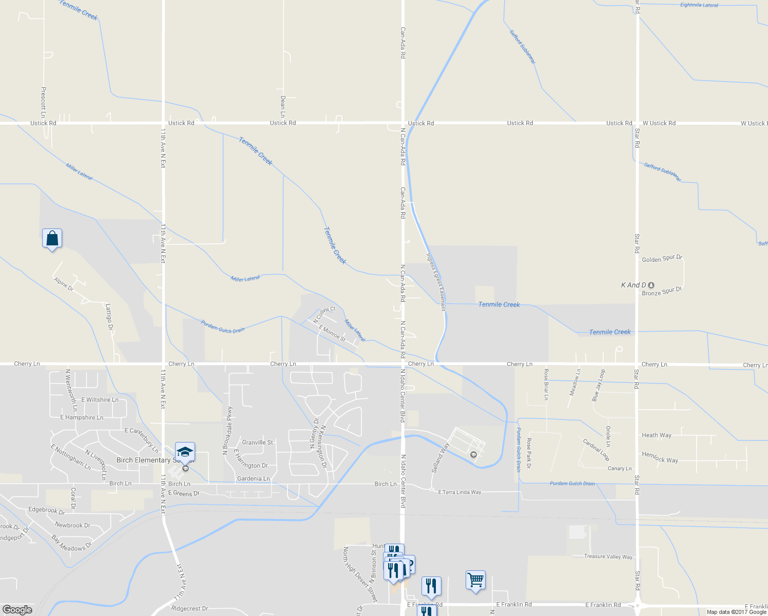 map of restaurants, bars, coffee shops, grocery stores, and more near 17245 Can-Ada Road in Nampa