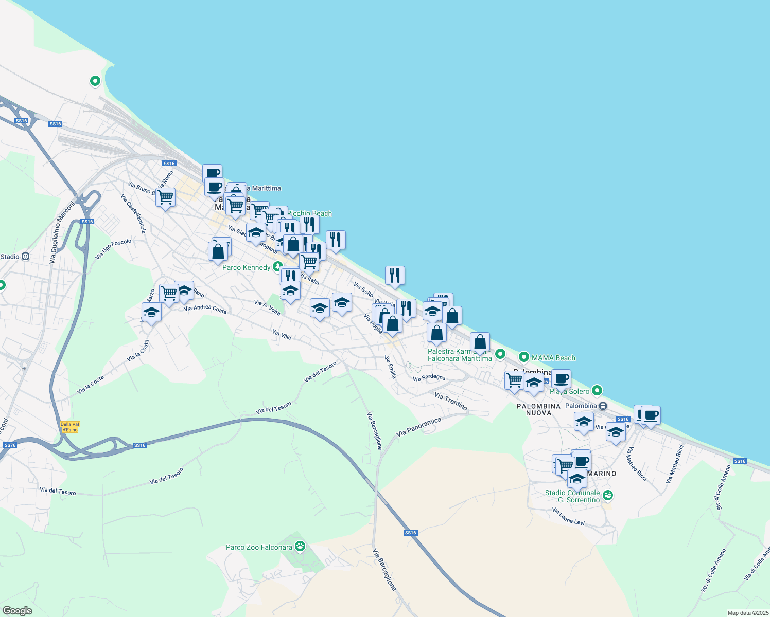 map of restaurants, bars, coffee shops, grocery stores, and more near 1A Via Lazio in Falconara Marittima