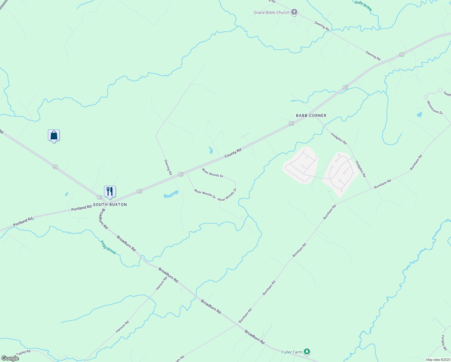map of restaurants, bars, coffee shops, grocery stores, and more near 7 River Woods Drive in Scarborough