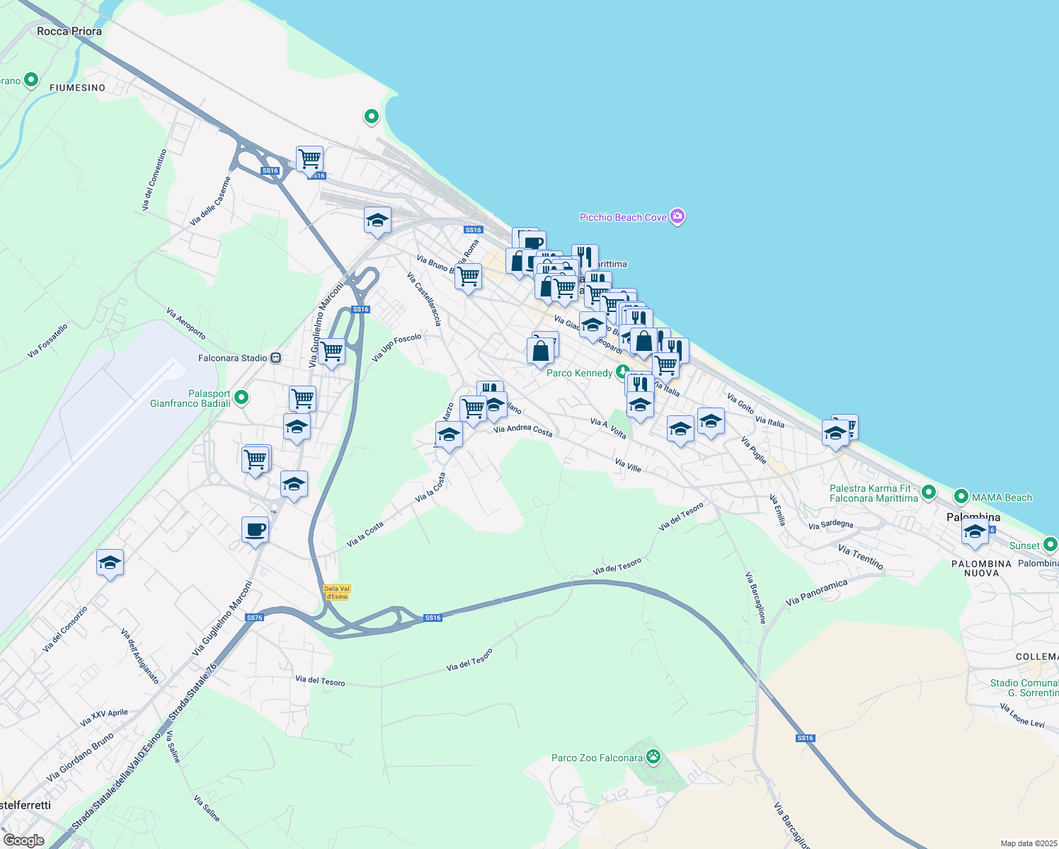 map of restaurants, bars, coffee shops, grocery stores, and more near 18-24 Via Andrea Costa in Falconara Marittima