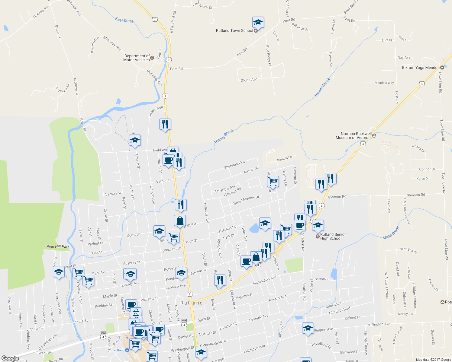 map of restaurants, bars, coffee shops, grocery stores, and more near 16 Marolin Street in Rutland